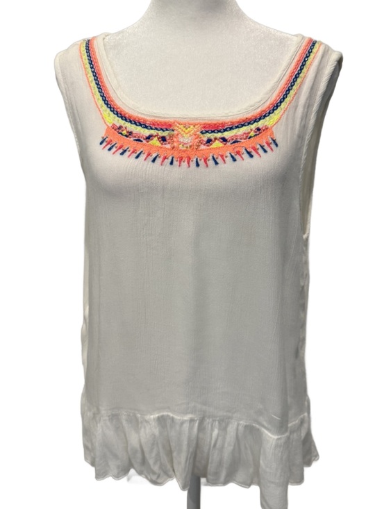 Fun & Flirt Tops - Fun & Flirt Embroidered Scoop Neck Rayon Tank Top - White with Neon Trim. Medium